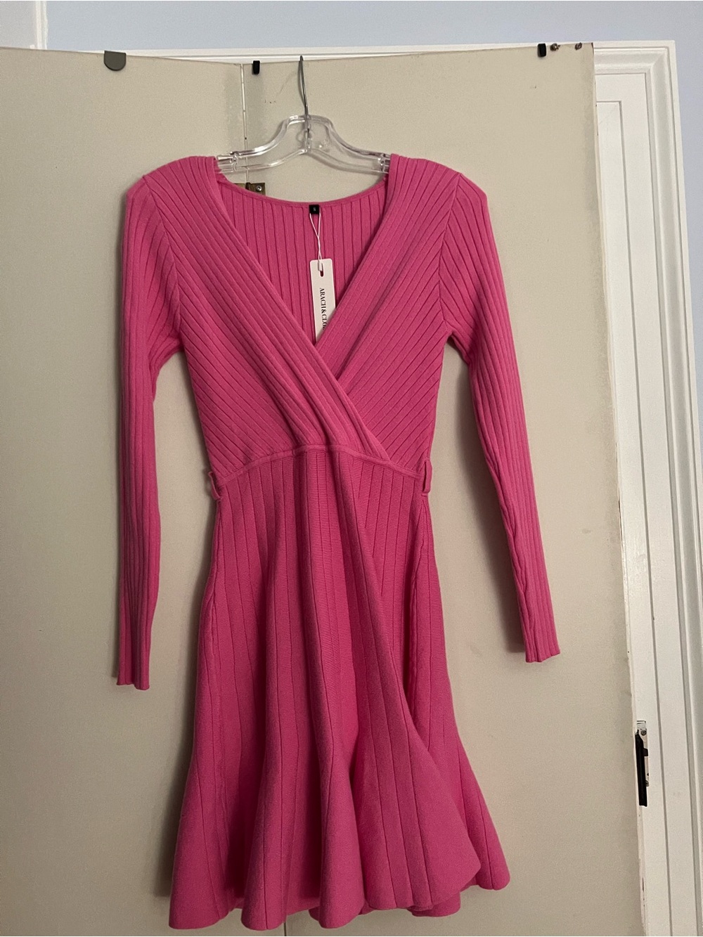 Ribbed Wrap-Front Long Sleeve Dress in Bright Pink